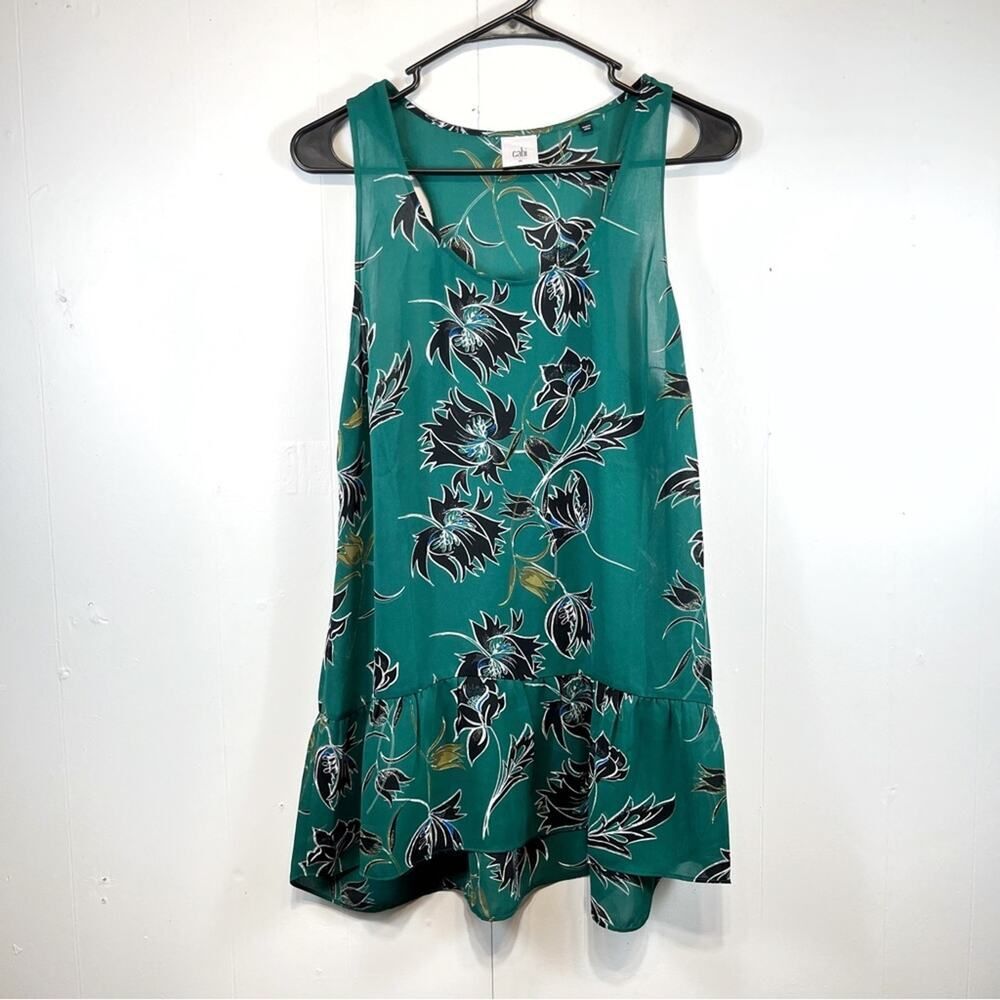 CAbi #3276 Falling Flowers Green + Black Floral Sleeveless Blouse Size Medium